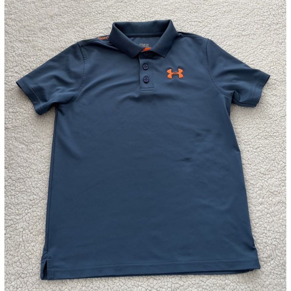 Boys Under Armour Polo Shirt Golf Collared Short Sleeve Blue Orange YMD Youth M